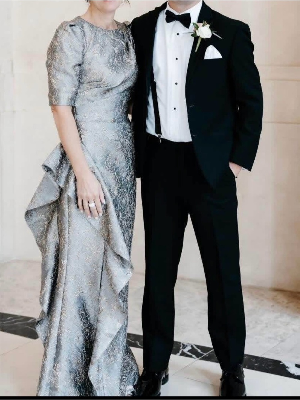 Rickie Freeman for Teri Jon Metallic Silver Textured Evening Gown